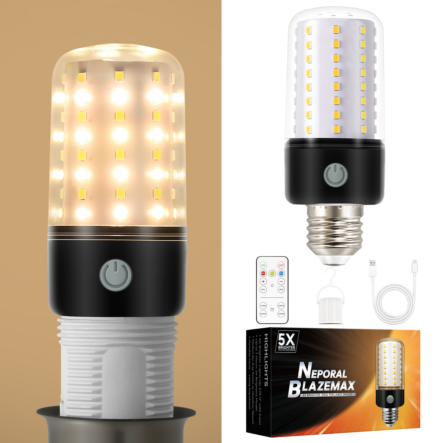 Neporal BlazeMax Rechargeable Light Bulbs with Remote, Wide Dimming Range Bright Battery Operated Light Bulb with Remote For Sconces Wireless, Dimmable Bombillos Recargable, 3 Colors, 4 Level Timer, E26