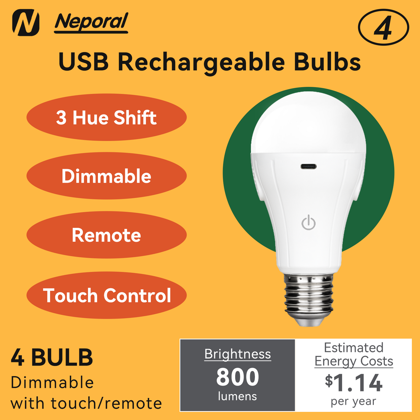 Neporal MagicGlow Rechargeable Light Bulbs with Remote, 3 Hue Shift + Stepless Dimmable Battery Powered Light Bulbs, USB Rechargeable, A19 Standard Size Emergency LED Light Bulbs, 15W, Up to 24 Hours