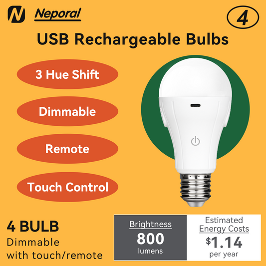 Neporal MagicGlow Rechargeable Light Bulbs with Remote, 3 Hue Shift + Stepless Dimmable Battery Powered Light Bulbs, USB Rechargeable, A19 Standard Size Emergency LED Light Bulbs, 15W, Up to 24 Hours