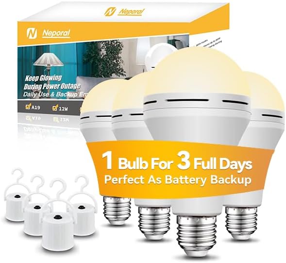 Neporal Rechargeable Light Bulbs Battery Operated Powered Backup Light Bulb, 15W 80W Equivalent 6000K 1200mAh, Emergency Light Bulb for Lamp Camping Works Even Power Outage -2 Packs + 2 Portable Hooks