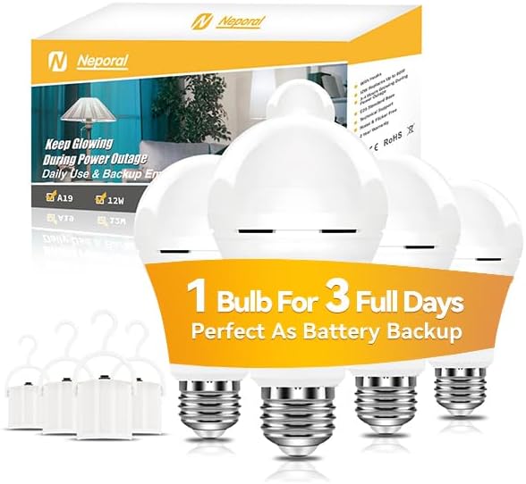 Neporal A19 Rechargeable Light Bulbs, Socket Rechageable Battery Backup Light Bulbs