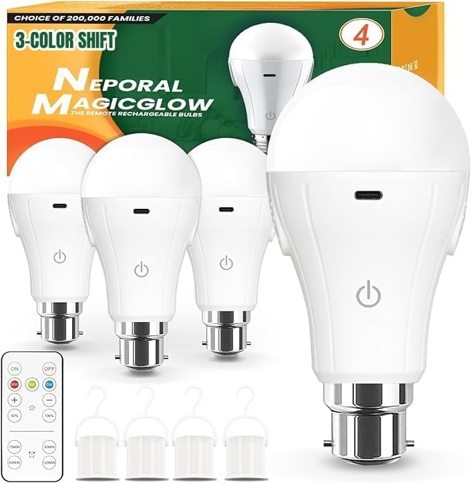 Neporal MagicGlow Rechargeable Light Bulbs with Remote, USB Rechargeable, B22, 4PK