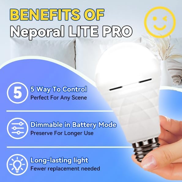 Neporal LITE PRO Rechargeable Light Bulbs, 2600mAh Large Battery Backup Light Bulbs, Socket Rechargeable Emergency Lights for Home, Hurricane Prepareness Item, E26/E27 (White-2600mAh)