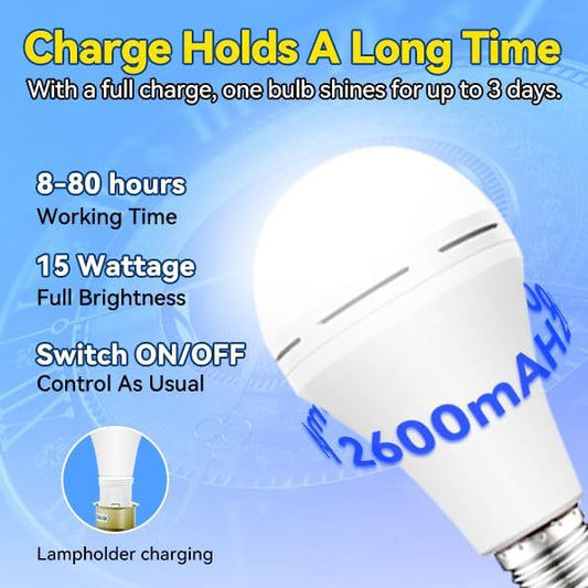 Emergency-Rechargeable-Light-Bulb, Stay Lights Up When Power Failure, 1200mAh15W 80W Equivalent LED Light Bulbs for Home, Camping, Tent (WHITE-2600mAh)