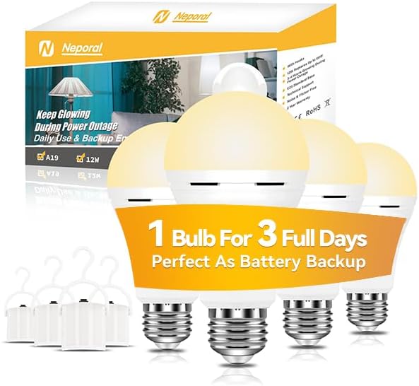 Neporal A19 Rechargeable Light Bulbs, Socket Rechageable Battery Backup Light Bulbs