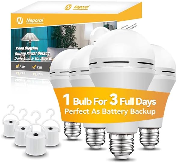 Neporal Rechargeable Light Bulbs Battery Operated Powered Backup Light Bulb, 15W 80W Equivalent 6000K 1200mAh, Emergency Light Bulb for Lamp Camping Works Even Power Outage -2 Packs + 2 Portable Hooks