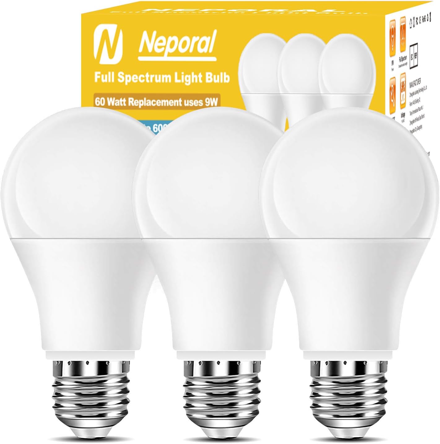 Full Spectrum Light Bulb, 6000K Natural Sunlight Bulbs, 9W 60W Equivalent LED Light Bulb, Natural Light Bulbs A19, E26/E27 LED Light Bulbs for Home, 6 Pack