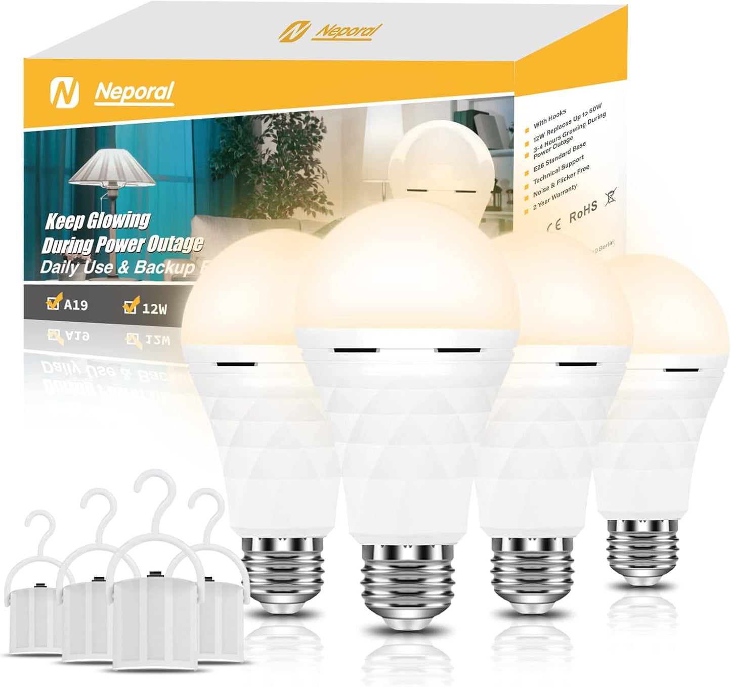 Neporal A19 Rechargeable Light Bulbs, Socket Rechageable Battery Backup Light Bulbs