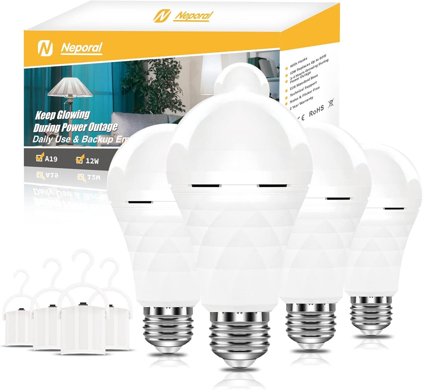Neporal A19 Rechargeable Light Bulbs, Socket Rechageable Battery Backup Light Bulbs