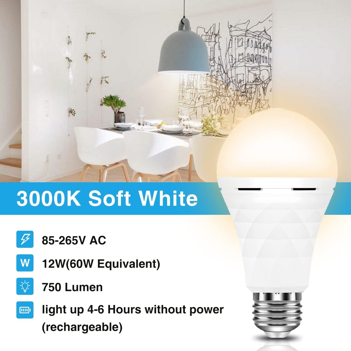 Neporal A19 Rechargeable Light Bulbs, Emergency Light Bulb 60 Watt Equiv., Self-Charging