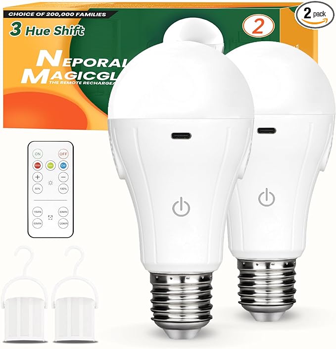 Neporal MagicGlow Rechargeable Light Bulbs with Remote, 3 Hue Shift + Dimmable Battery Powered Light Bulbs, USB Rechargeable15W, Up to 24 Hours, 2 Pack