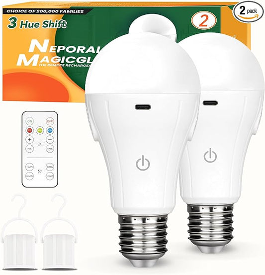 Neporal MagicGlow Rechargeable Light Bulbs with Remote, 3 Hue Shift + Dimmable Battery Powered Light Bulbs, USB Rechargeable15W, Up to 24 Hours, 2 Pack