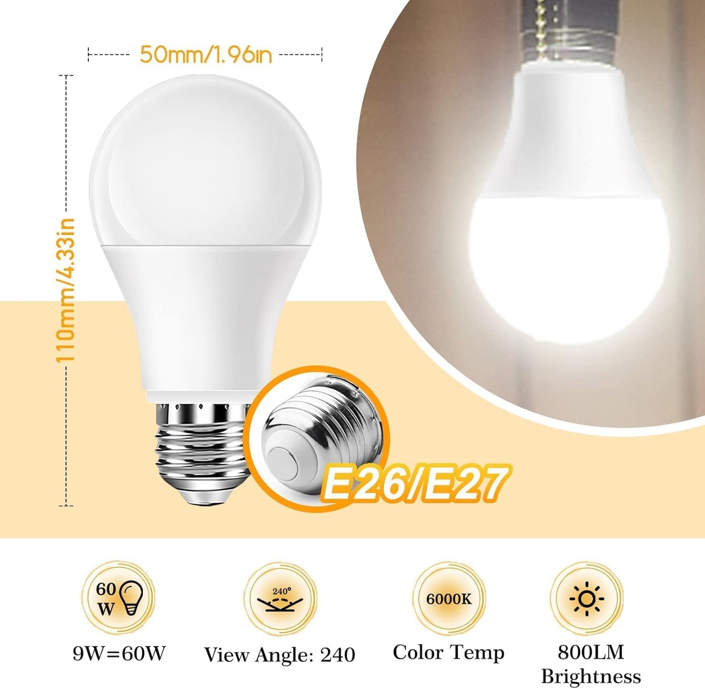 Full Spectrum Light Bulb, 6000K Natural Sunlight Bulbs, 9W 60W Equivalent LED Light Bulb, Natural Light Bulbs A19, E26/E27 LED Light Bulbs for Home, 6 Pack