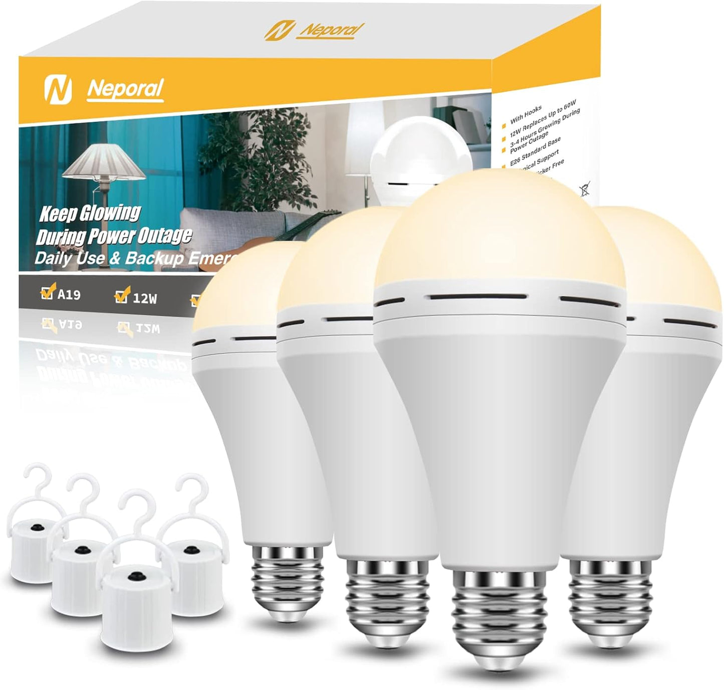 Neporal Rechargeable Light Bulbs Battery Operated Powered Backup Light Bulb, 15W 80W Equivalent 6000K 1200mAh, Emergency Light Bulb for Lamp Camping Works Even Power Outage -2 Packs + 2 Portable Hooks