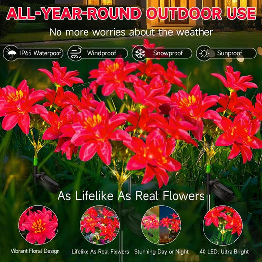 Neporal Solar Flowers Outdoor Waterproof Pink, 4PK 7-Stem Garden Solar Lights Decorative, 2 Lighting Modes, Solar Powered Garden Decor, Solar Yard Decor
