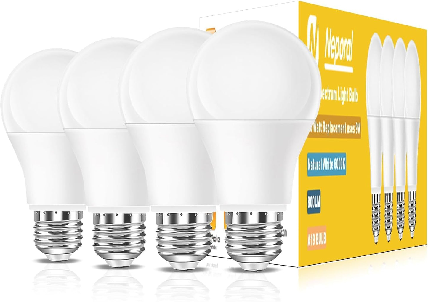 Full Spectrum Light Bulb, 6000K Natural Sunlight Bulbs, 9W 60W Equivalent LED Light Bulb, Natural Light Bulbs A19, E26/E27 LED Light Bulbs for Home, 6 Pack