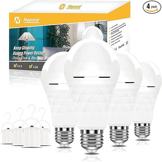 Neporal A19 Rechargeable Light Bulbs Emergency Light Bulb for Power Outages, Led Bulb 60 Watt Equivalent, 5000K Daylight Self-charging Light Bulb 1200mAh Battery Backup Light Bulbs for Daily, Emergency Use