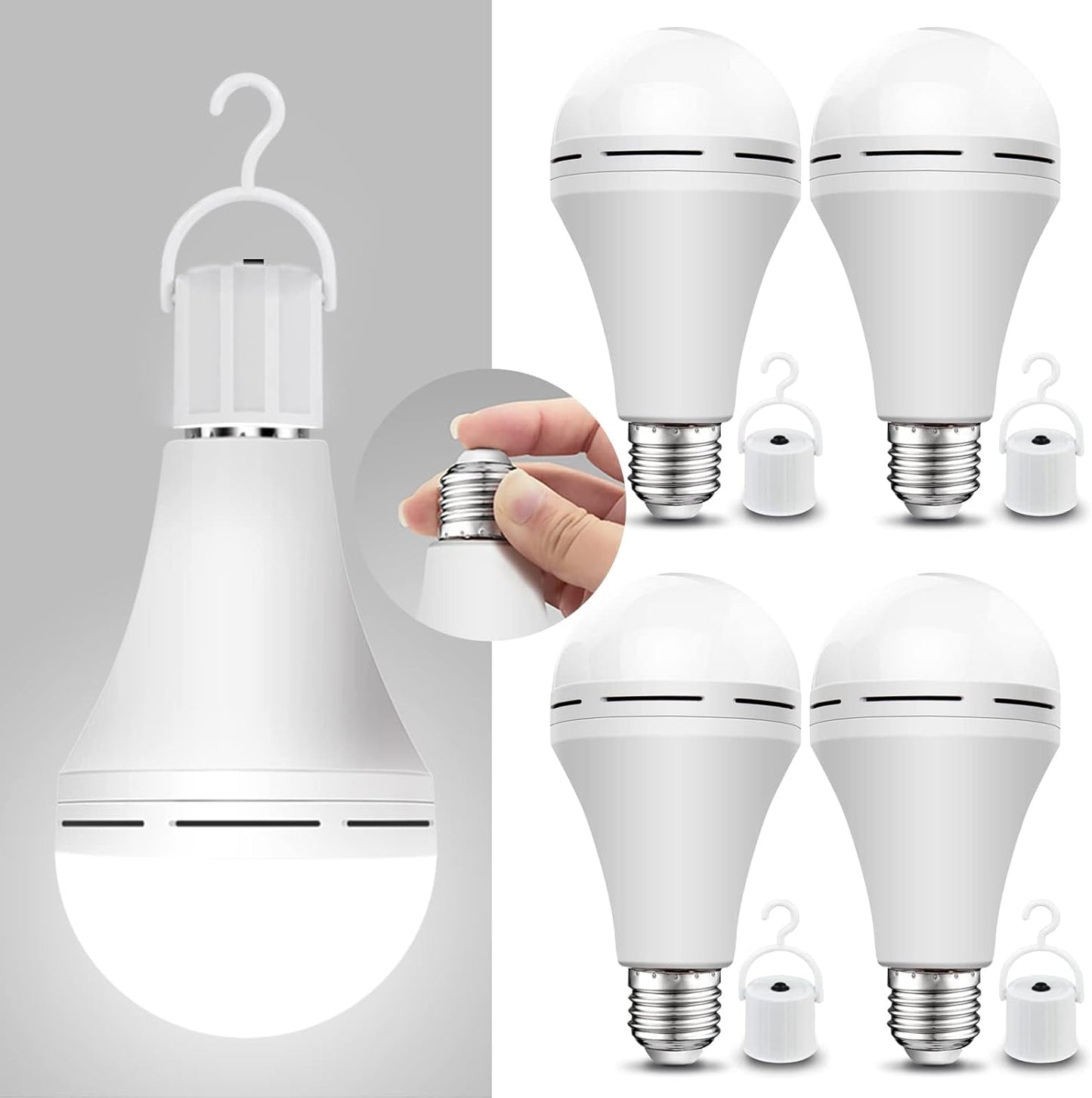 Neporal Rechargeable Light Bulbs Battery Operated Powered Backup Light Bulb, 15W 80W Equivalent 6000K 1200mAh, Emergency Light Bulb for Lamp Camping Works Even Power Outage -2 Packs + 2 Portable Hooks