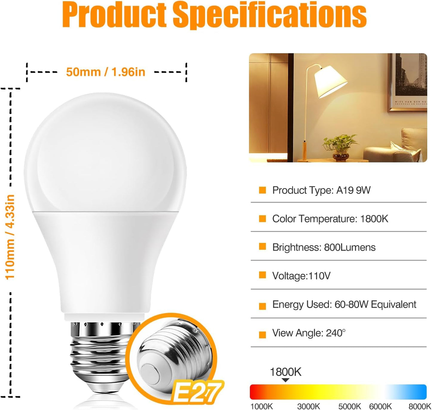 Neporal Amber Light Bulbs 9W, Soft Warm Sleep Light Bulbs 60W Equivalent, Blue Light Blocking Amber Night Light Bulbs 1800K, Bedtime Light Bulb for Healthy Sleep, 6 Pack