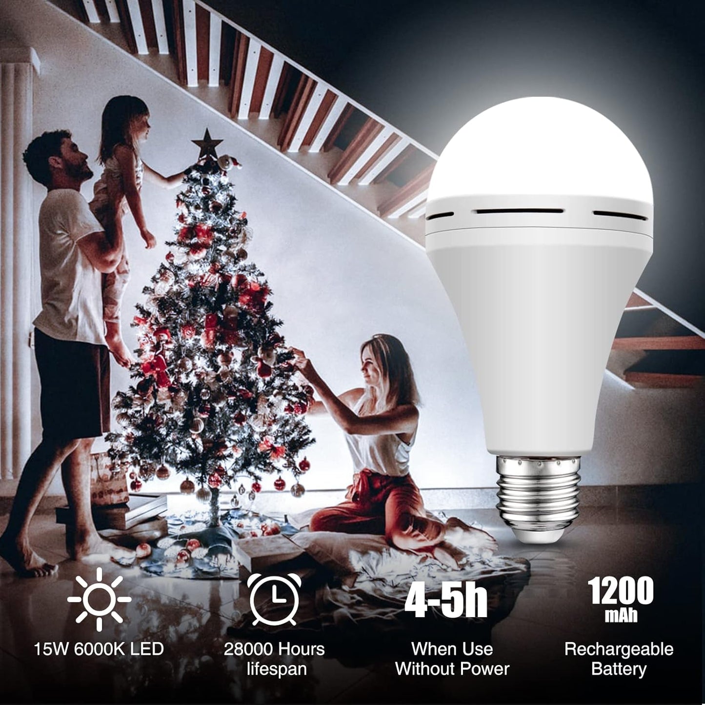 Neporal Rechargeable Light Bulbs Battery Operated Powered Backup Light Bulb, 15W 80W Equivalent 6000K 1200mAh, Emergency Light Bulb for Lamp Camping Works Even Power Outage -2 Packs + 2 Portable Hooks