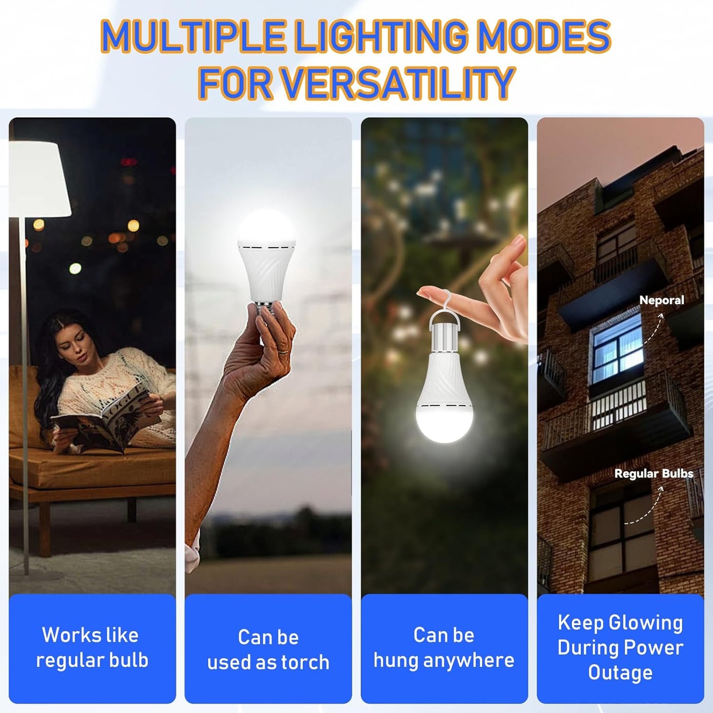 Neporal LITE Emergency Rechargeable Light Bulbs A19, Light Up to 48 hrs