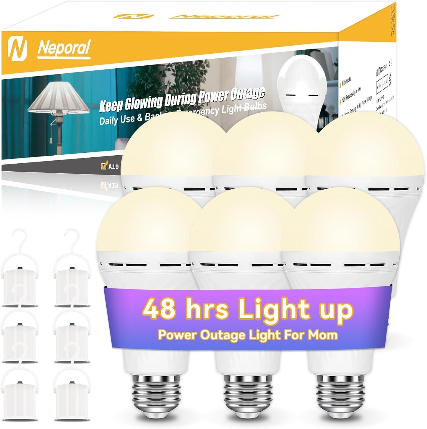Neporal LITE Emergency Rechargeable Light Bulbs A19, Light Up to 48 hrs, Battery Operated Light Bulb, 5000K E26 LED Bulb, Emergency Lights for Home Power Failure (Daylight-2PK, 12, Watts)