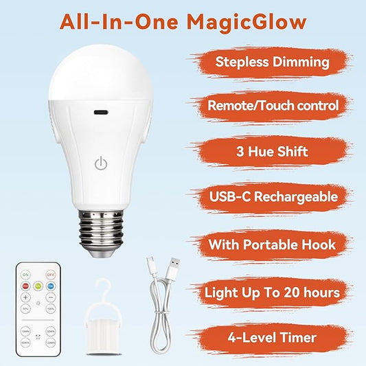 Neporal MagicGlow Rechargeable Light Bulbs with Remote, 3 Hue Shift + Dimmable Battery Powered Light Bulbs, USB Rechargeable