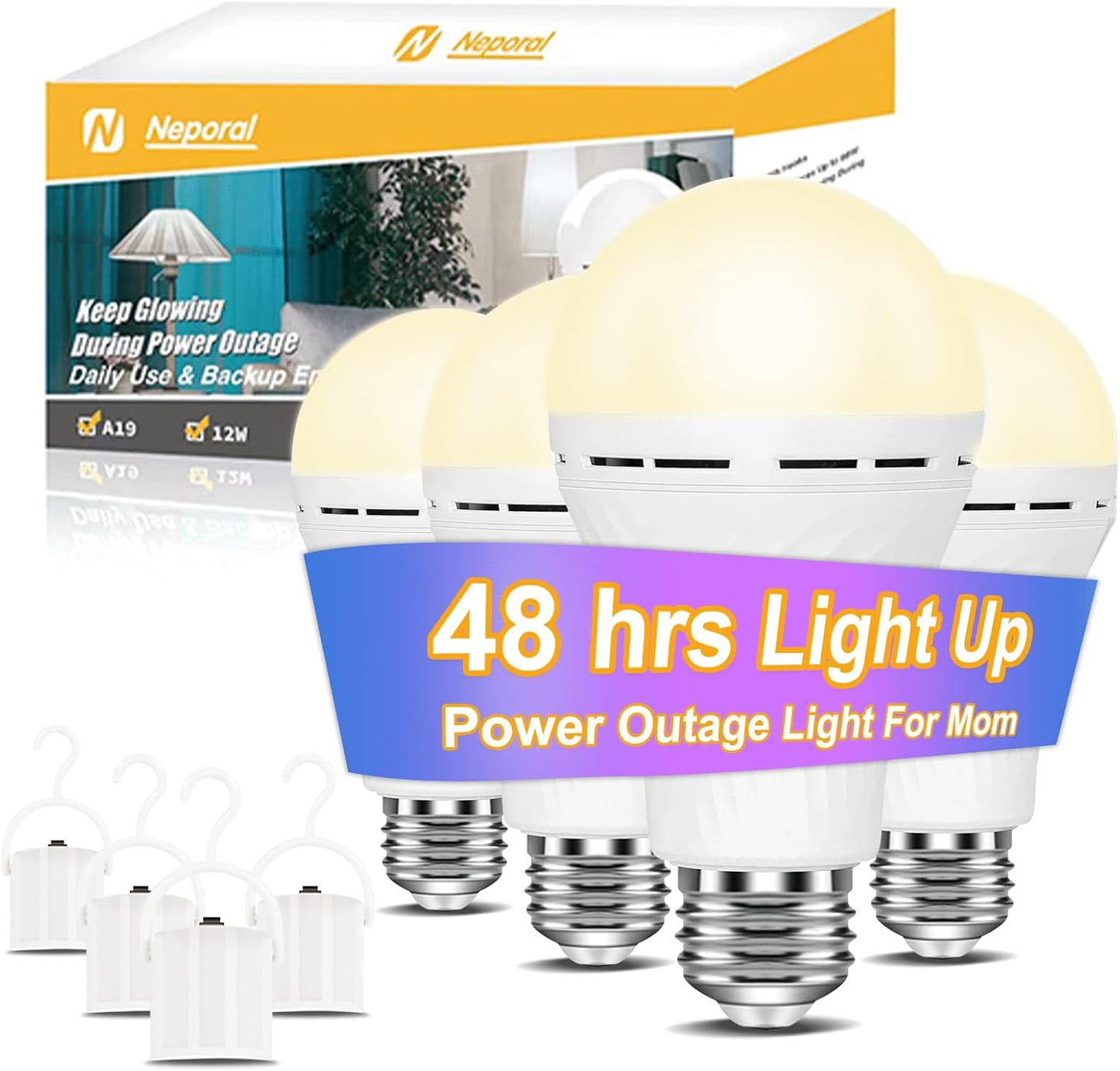 Neporal LITE Emergency Rechargeable Light Bulbs A19, Light Up to 48 hrs