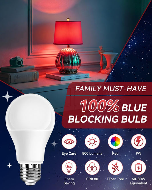 Neporal Red Light Bulbs for Sleep 9W, 100% Blue Light Blocking Red Night Light, 625nm Sleep Light for Melatonin Promoting, A19 60W Equivalent Dim Light Bulbs for Bedroom, Baby Nursery,3 Pack