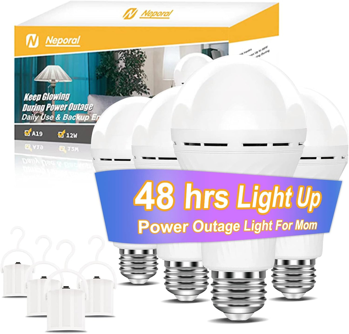 Neporal LITE Emergency Rechargeable Light Bulbs A19, Light Up to 48 hrs