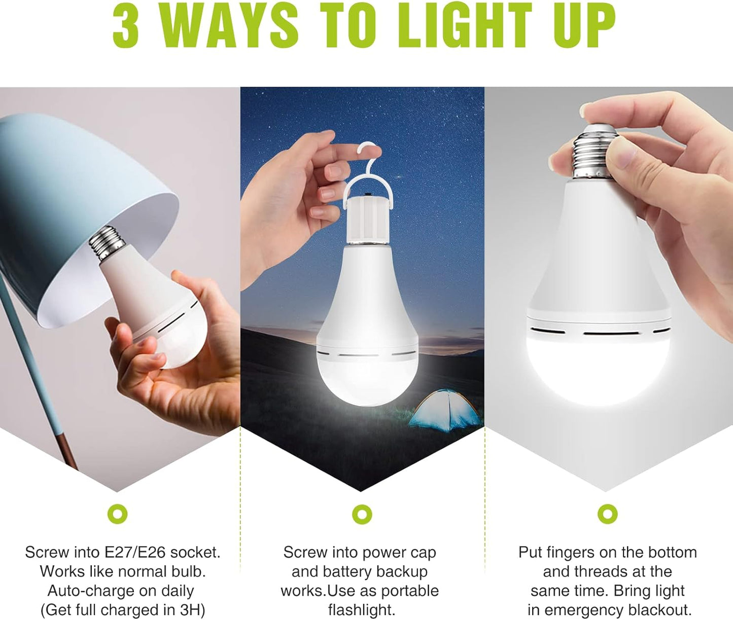 Neporal Rechargeable Light Bulbs Battery Operated Powered Backup Light Bulb, 15W 80W Equivalent 6000K 1200mAh, Emergency Light Bulb for Lamp Camping Works Even Power Outage -2 Packs + 2 Portable Hooks