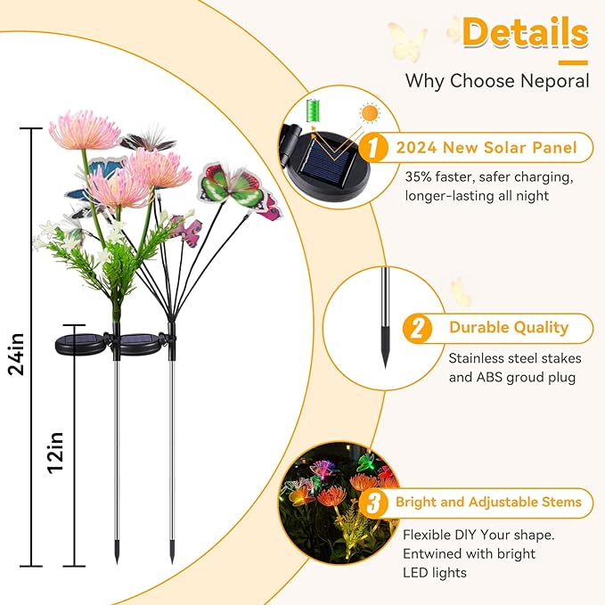 Neporal 4PK Outdoor Solar Flowers+Multi-Color Solar Butterfly Lights, Swaying Garden Decor