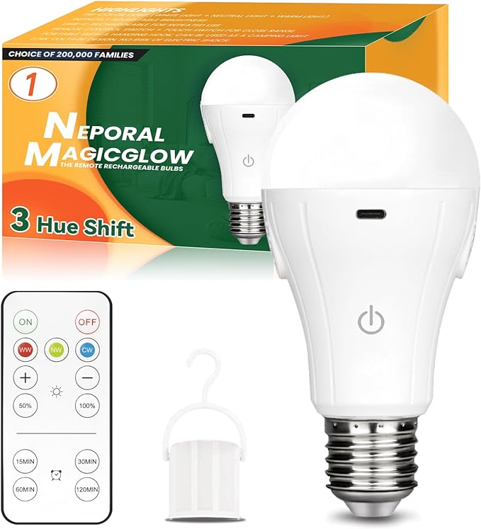 Neporal MagicGlow Rechargeable Light Bulbs with Remote, 3 Hue Shift + Dimmable,1 Pack