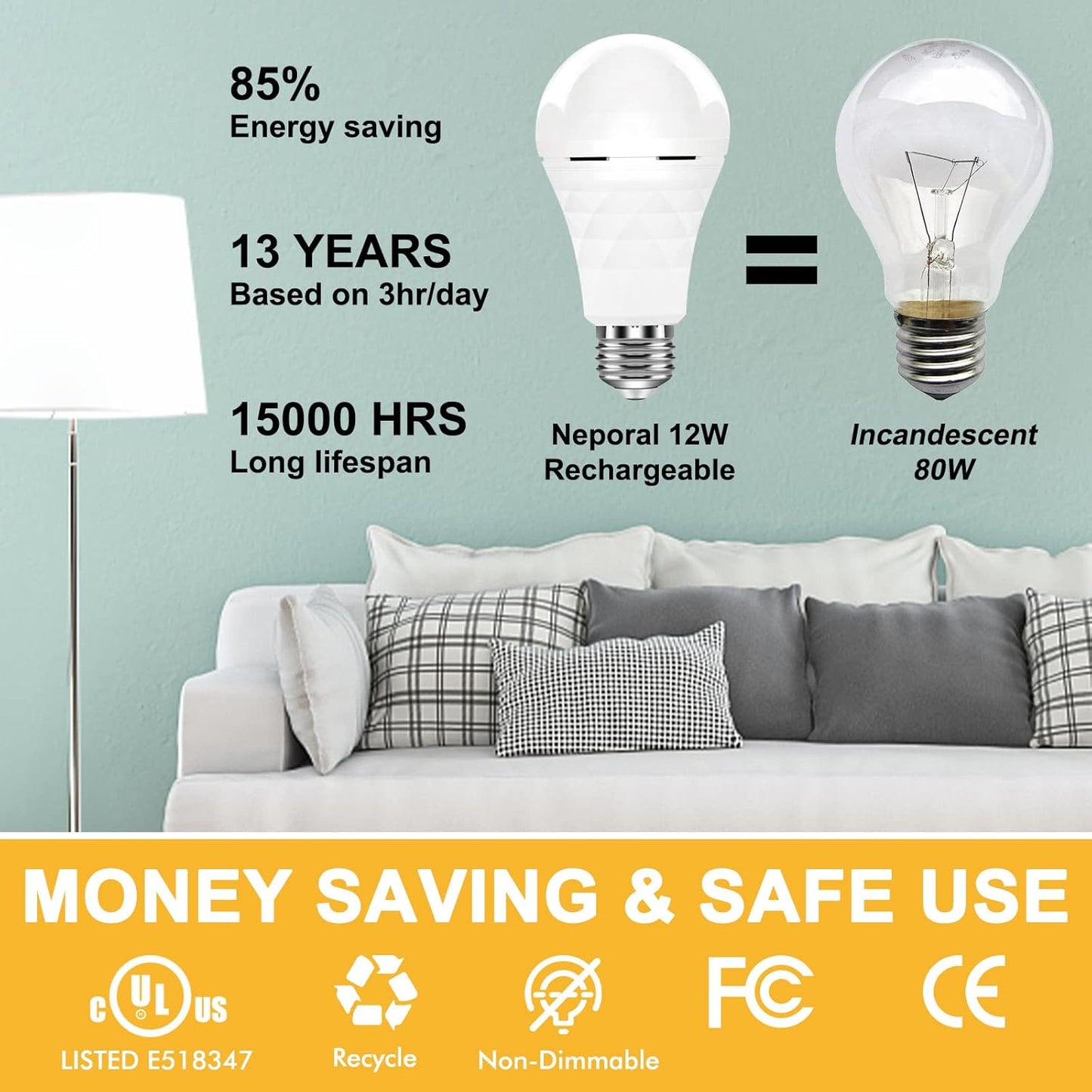 Neporal A19 Rechargeable Light Bulbs, Socket Rechageable Battery Backup Light Bulbs