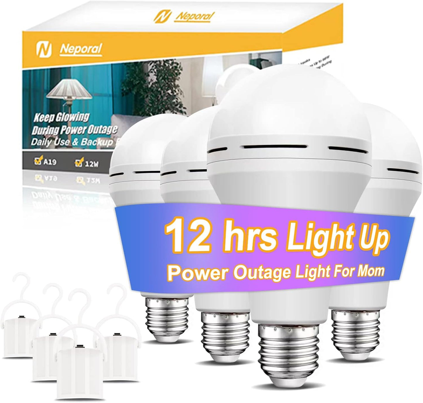 Neporal LITE Emergency Rechargeable Light Bulbs A19, Light Up to 48 hrs
