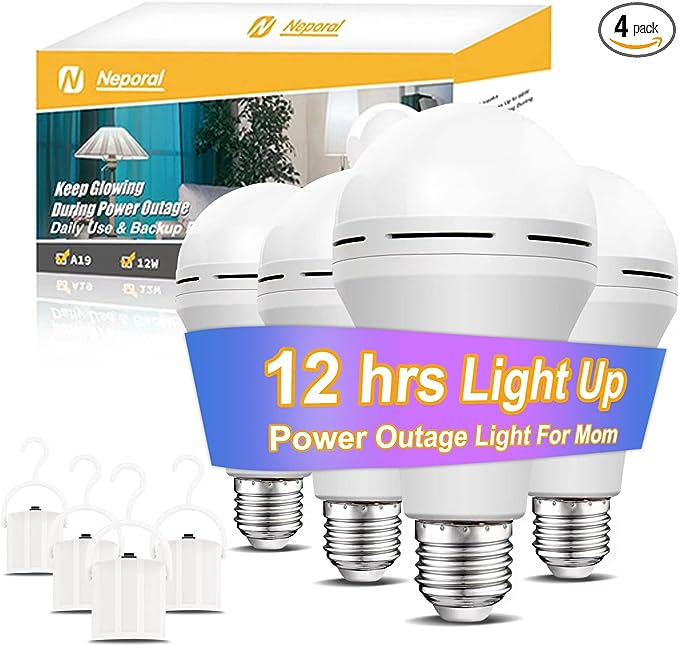 Neporal 4 Pack Emergency Rechargeable Light Bulbs with hook, Daylight, 15W,  80W Equivalent
