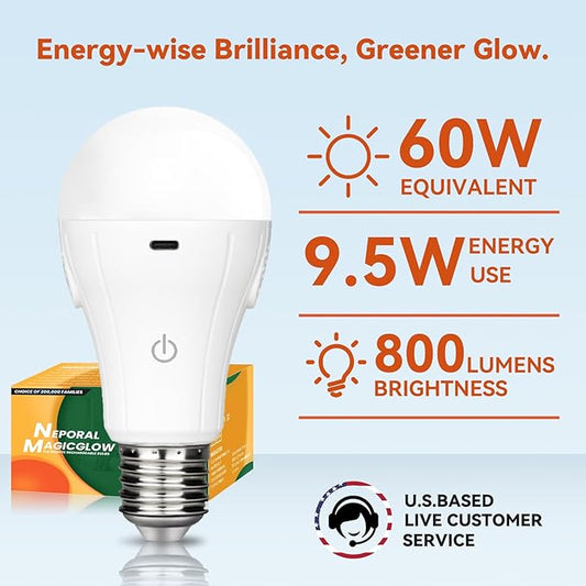 Neporal MagicGlow Rechargeable Light Bulbs with Remote, 3 Hue Shift + Dimmable Battery Powered Light Bulbs, USB Rechargeable15W, Up to 24 Hours, 2 Pack