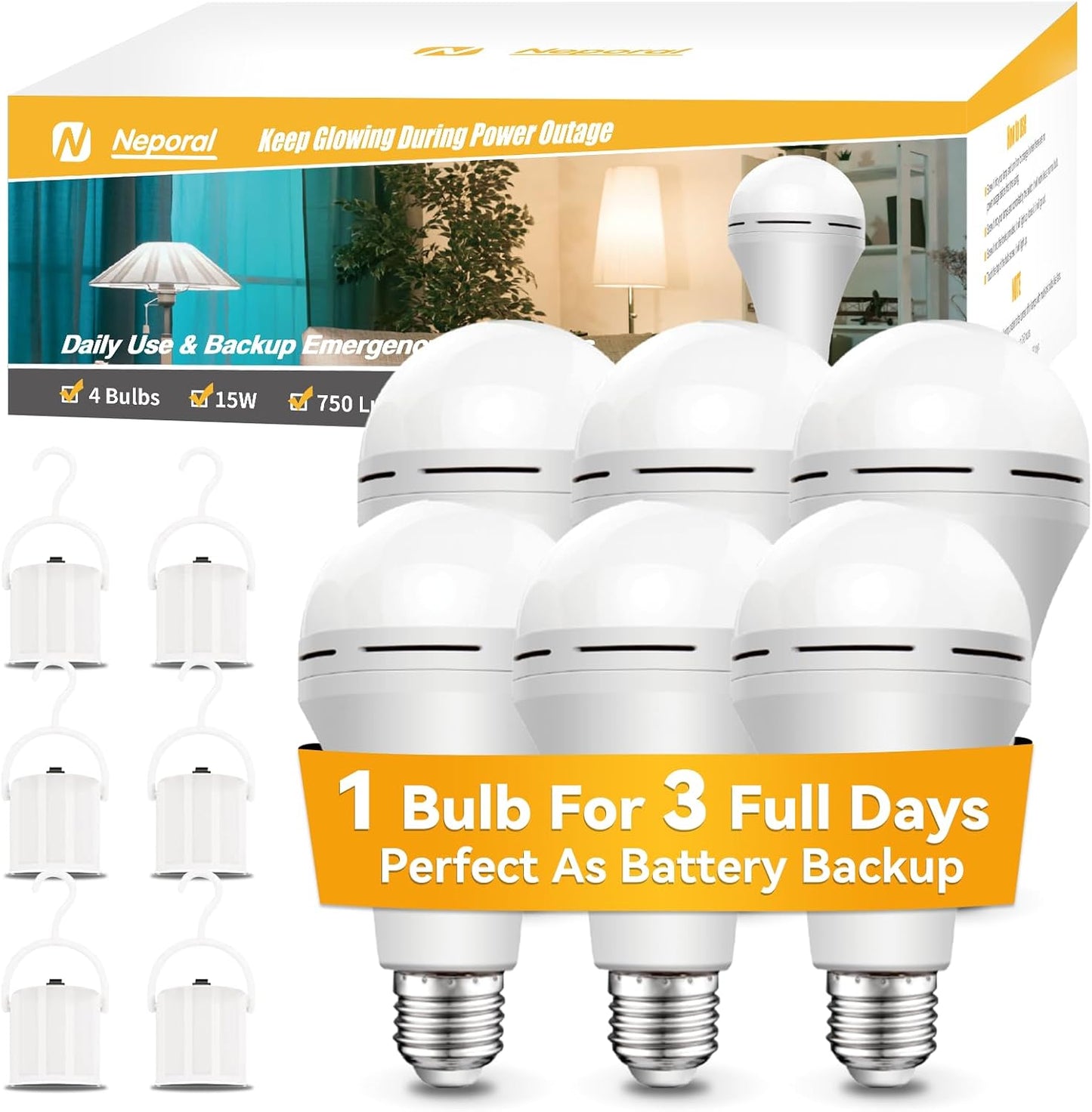 Neporal Rechargeable Light Bulbs Battery Operated Powered Backup Light Bulb, 15W 80W Equivalent 6000K 1200mAh, Emergency Light Bulb for Lamp Camping Works Even Power Outage -2 Packs + 2 Portable Hooks
