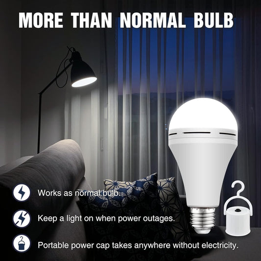 Neporal Rechargeable Light Bulbs Battery Operated Powered Backup Light Bulb, 15W 80W Equivalent 6000K 1200mAh, Emergency Light Bulb for Lamp Camping Works Even Power Outage -2 Packs + 2 Portable Hooks