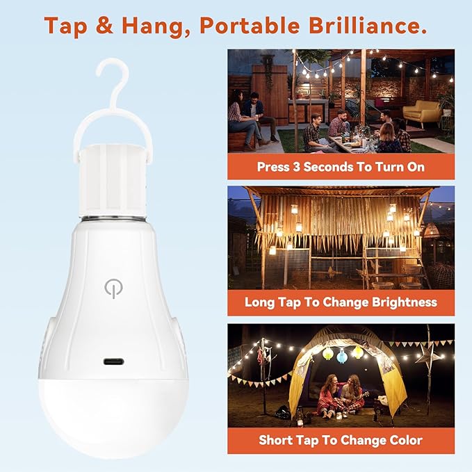 Neporal MagicGlow Rechargeable Light Bulbs with Remote, 3 Hue Shift + Dimmable Battery Powered Light Bulbs, USB Rechargeable15W, Up to 24 Hours, 2 Pack