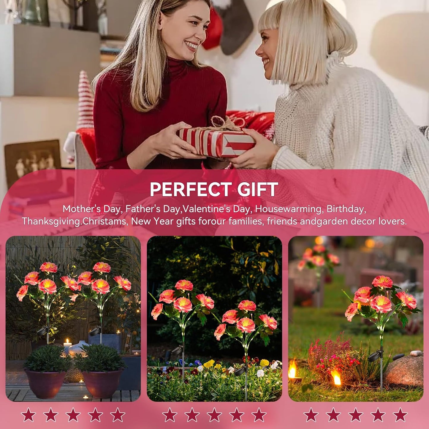 Neporal 2 Pack Solar Flowers Outdoor Waterproof, 14 Enlarged Blooming Pink Peony Flowers
