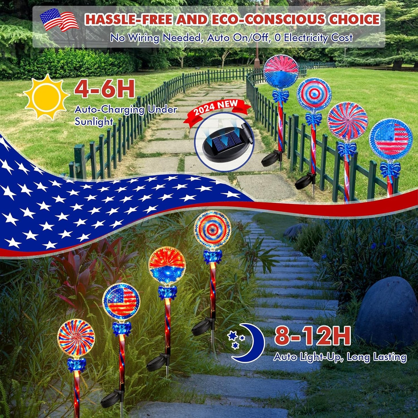 NEPORAL 4th of July Decorations Outdoor Solar Lights, IP65 Waterproof