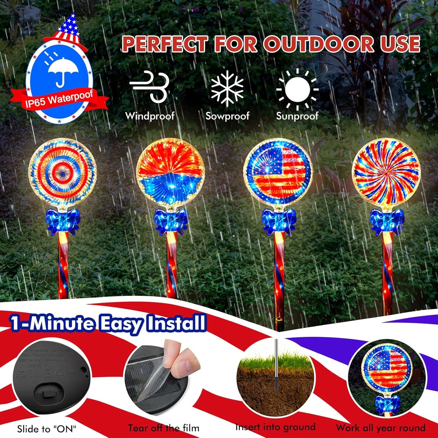 NEPORAL 4th of July Decorations Outdoor Solar Lights, IP65 Waterproof