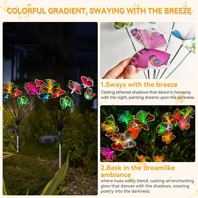 Neporal 4PK Outdoor Solar Flowers+Multi-Color Solar Butterfly Lights, Swaying Garden Decor