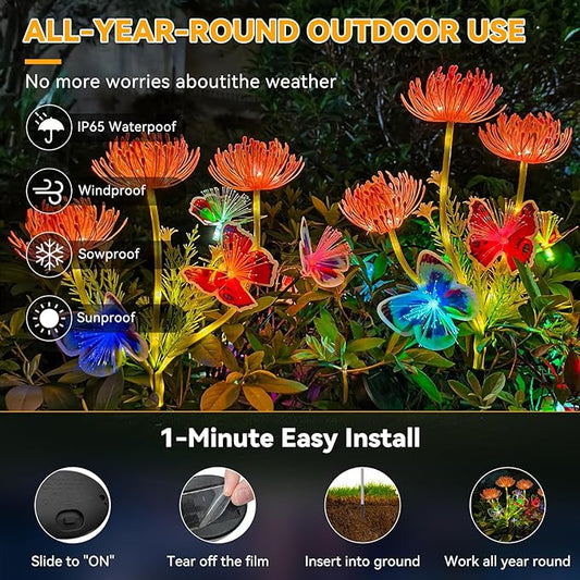 Neporal 4PK Outdoor Solar Flowers+Multi-Color Solar Butterfly Lights, Swaying Garden Decor