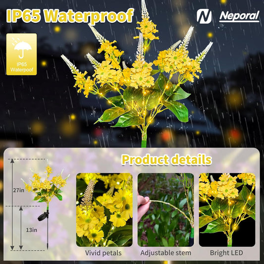 Neporal Solar Flowers Outdoor Waterproof Yellow, Decorative Garden Lights Solar Powered Dusk to Dawn, 8-Stem, 2 Lighting Modes Plants Lights for Yard, Backyard, Porch (Yellow)