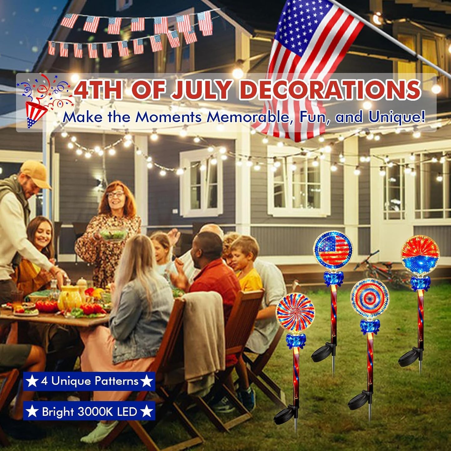NEPORAL 4th of July Decorations Outdoor Solar Lights, IP65 Waterproof