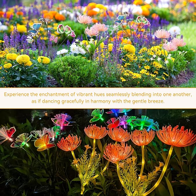 Neporal 4PK Outdoor Solar Flowers+Multi-Color Solar Butterfly Lights, Swaying Garden Decor
