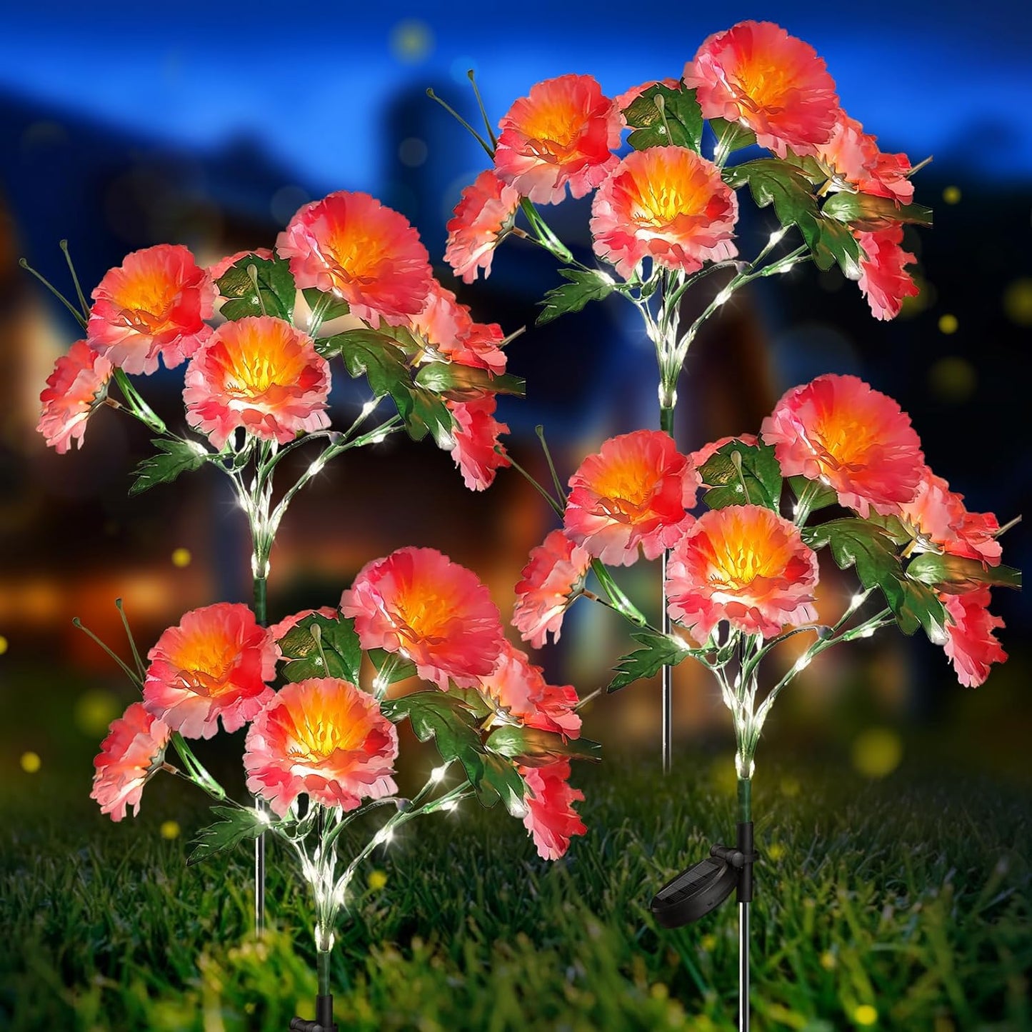 Neporal Solar Lights Outdoor Garden, 4 Pack Solar Flowers with 28 Blooming Pink Peony Flowers for Yard