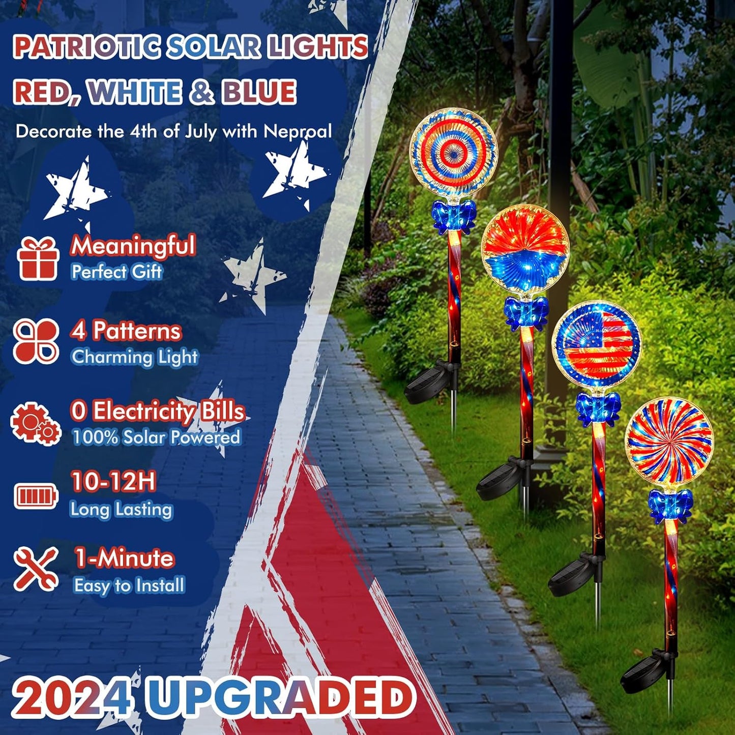 NEPORAL 4th of July Decorations Outdoor Solar Lights, IP65 Waterproof
